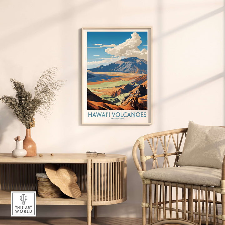 Hawaiʻi Volcanoes National Park print displayed in a modern living room with a cozy chair and natural decor.