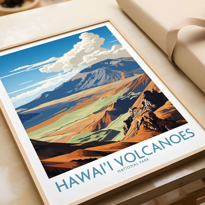 Vivid print of Hawaiʻi Volcanoes National Park showcasing volcanic mountains and lush landscapes, ideal for home decor.