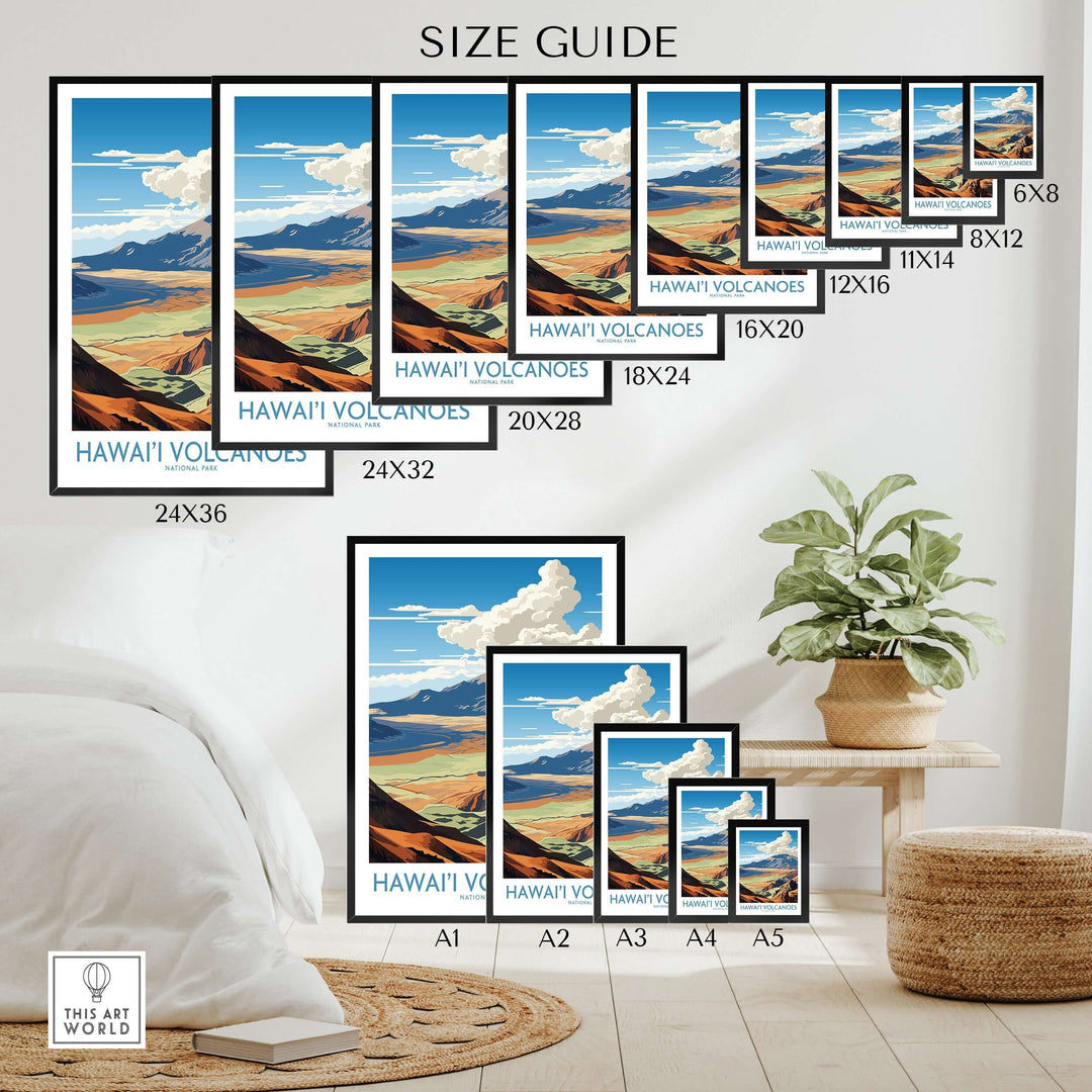 Size guide for Hawaiʻi Volcanoes National Park print featuring various frame sizes and colorful landscape design.