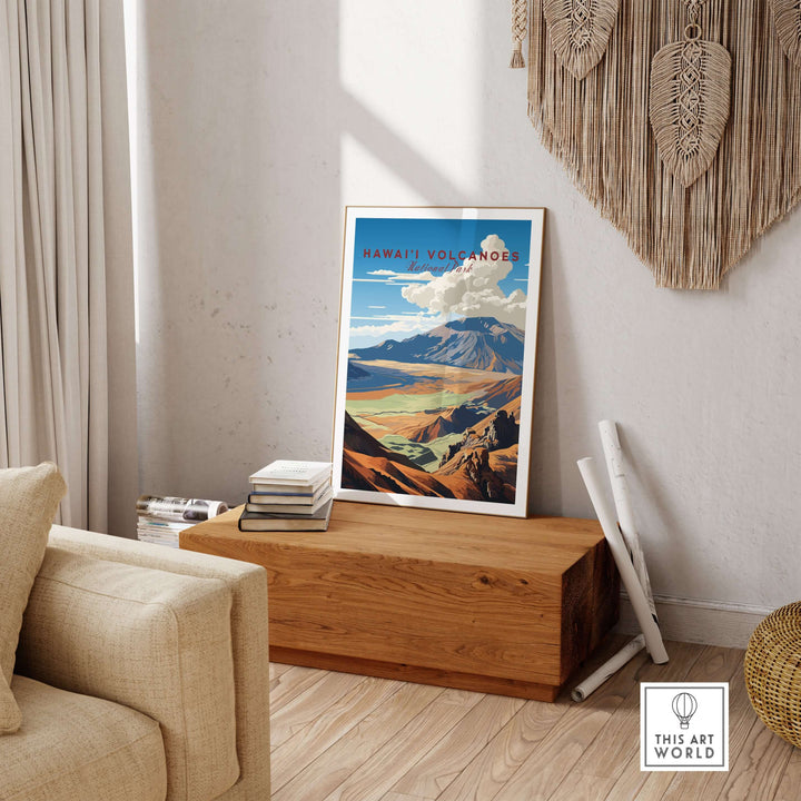 Hawaiʻi Volcanoes poster displayed in a cozy room, showcasing vibrant volcanic landscapes of Big Island Hawaii.