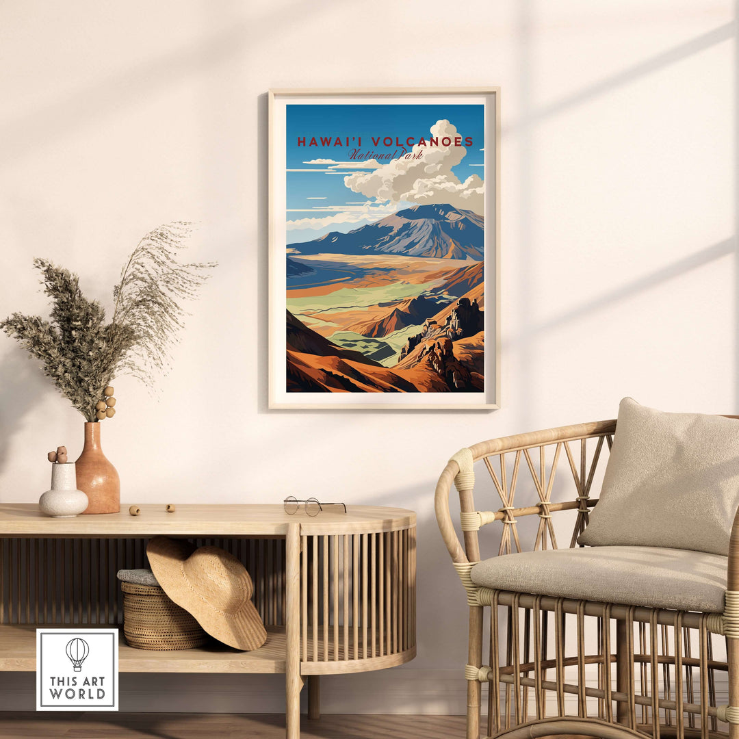 Hawaiʻi Volcanoes poster showcasing Big Island landscapes in a stylish living room setting.
