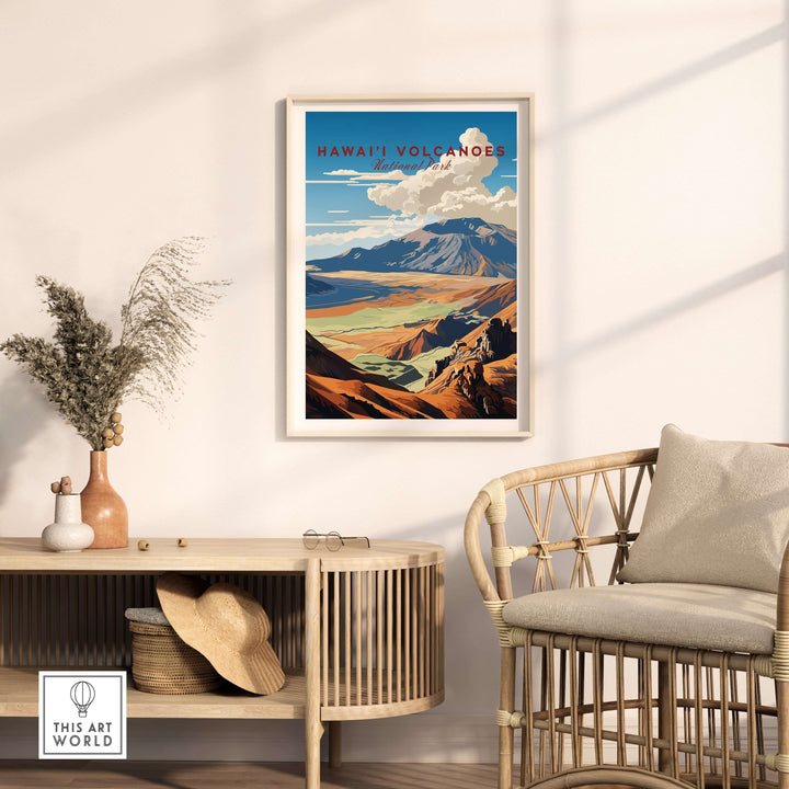 Hawaiʻi Volcanoes poster showcasing Big Island landscapes in a stylish living room setting.