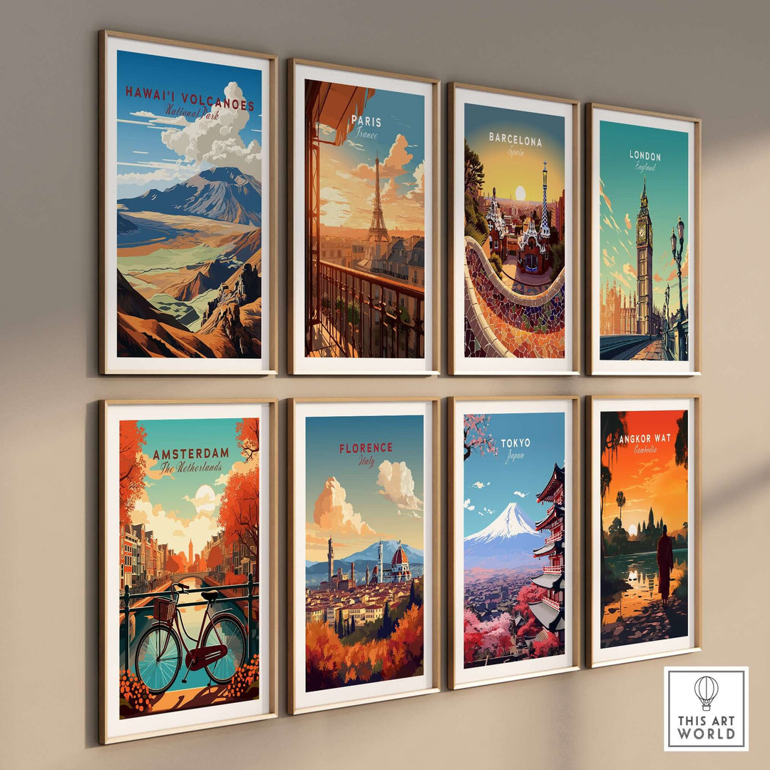 Gallery of travel posters featuring Hawaiʻi Volcanoes, Paris, Barcelona, London, Amsterdam, Florence, Tokyo, and Angkor Wat.