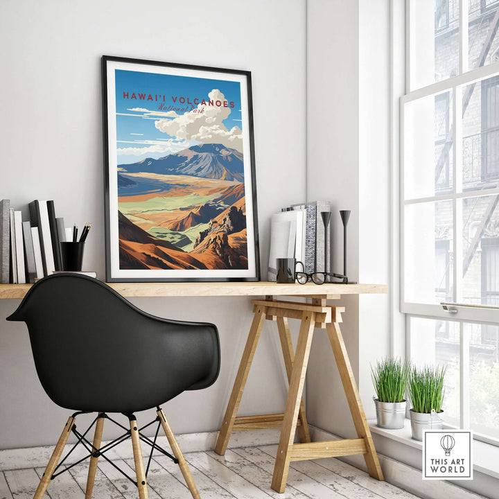 Hawaiʻi Volcanoes poster displayed in stylish home office, showcasing Big Island landscapes and vibrant colors.
