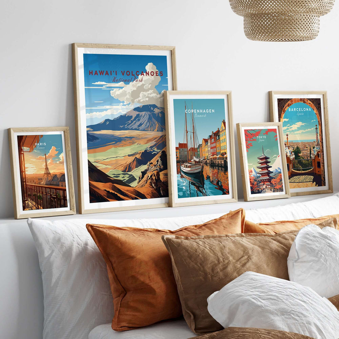 Hawaiʻi Volcanoes poster and travel prints displayed in a stylish living room setting with decorative pillows.