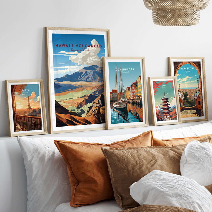 Hawaiʻi Volcanoes poster and travel prints displayed in a stylish living room setting with decorative pillows.