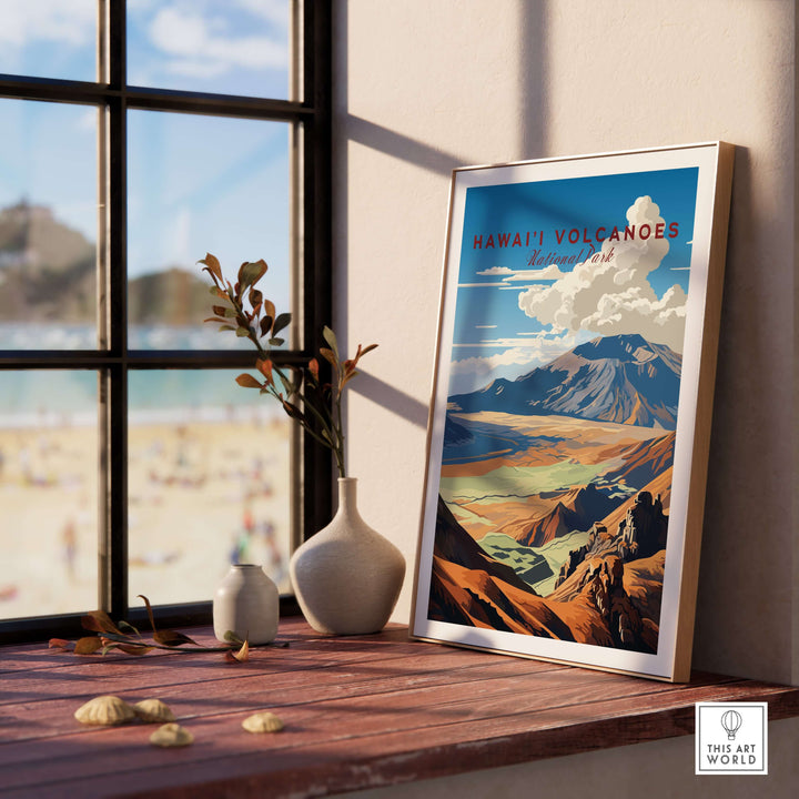 Hawaiʻi Volcanoes poster featuring vibrant volcanic landscapes on a sunlit windowsill.