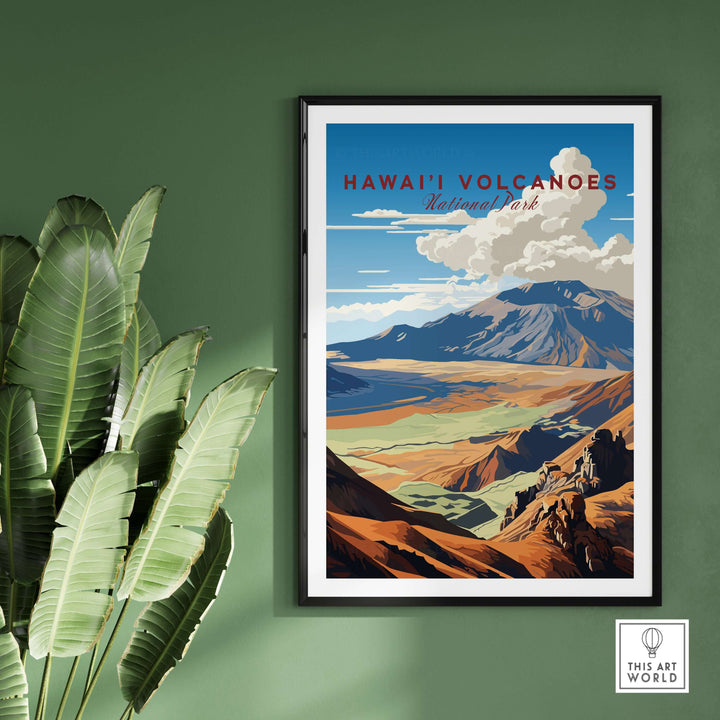 Hawaiʻi Volcanoes National Park poster on green wall, showcasing vibrant volcanic landscape art.