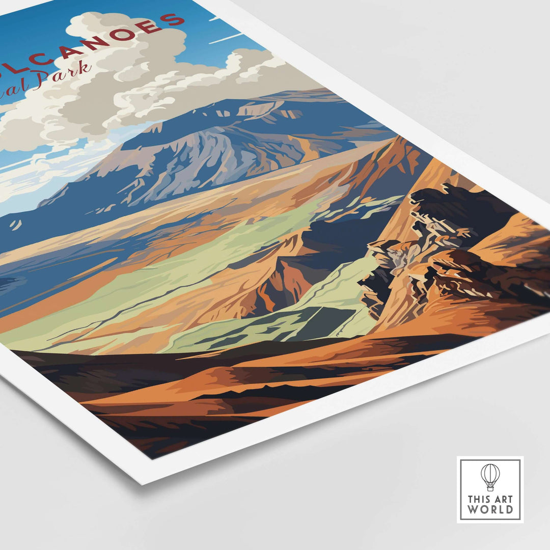 Hawaiʻi Volcanoes poster featuring a vibrant depiction of Big Island's volcanic landscape and national park scenery.