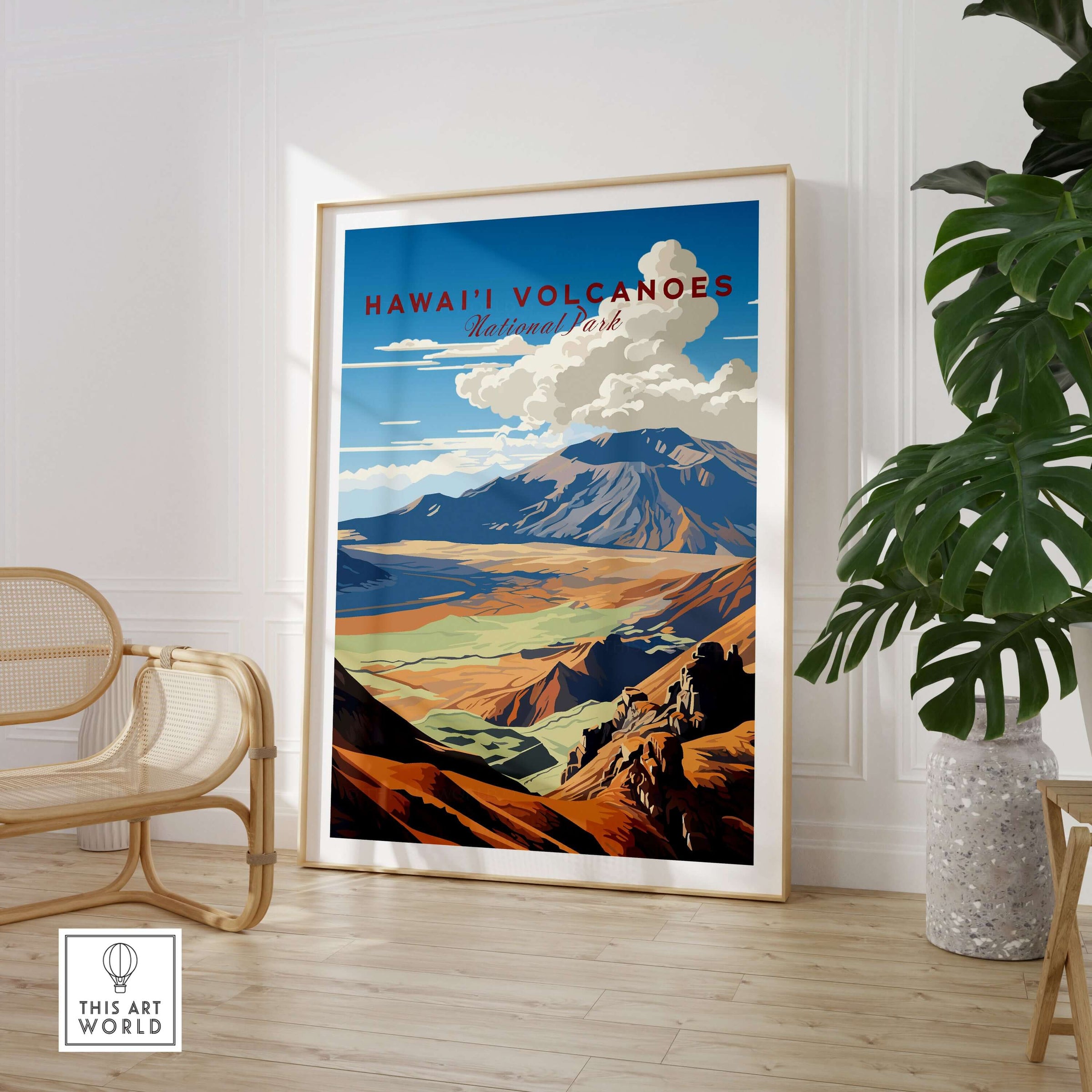 Hawaiʻi Volcanoes Poster, Big Island Hawaii Travel Print, National Park Wall Art in a modern home setting.