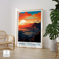 Hawaiʻi Volcanoes Poster, National Park Print, Mountain Wall Decor showcasing vibrant sunset and volcanic landscape.