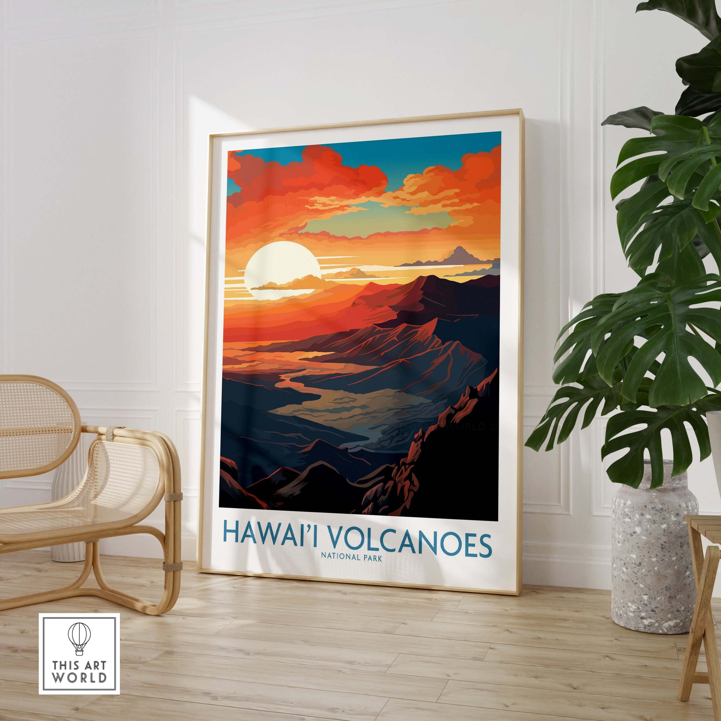 Hawaiʻi Volcanoes Poster, National Park Print, Mountain Wall Decor showcasing vibrant sunset and volcanic landscape.