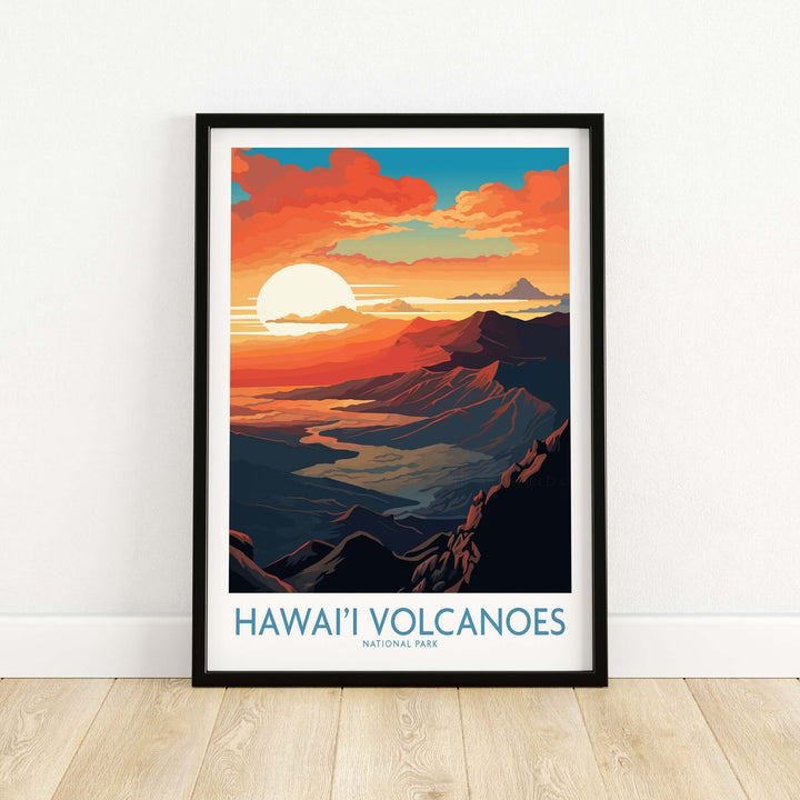 Hawaiʻi Volcanoes National Park poster showcasing vibrant sunset over volcanic mountains, ideal wall decor for nature lovers.