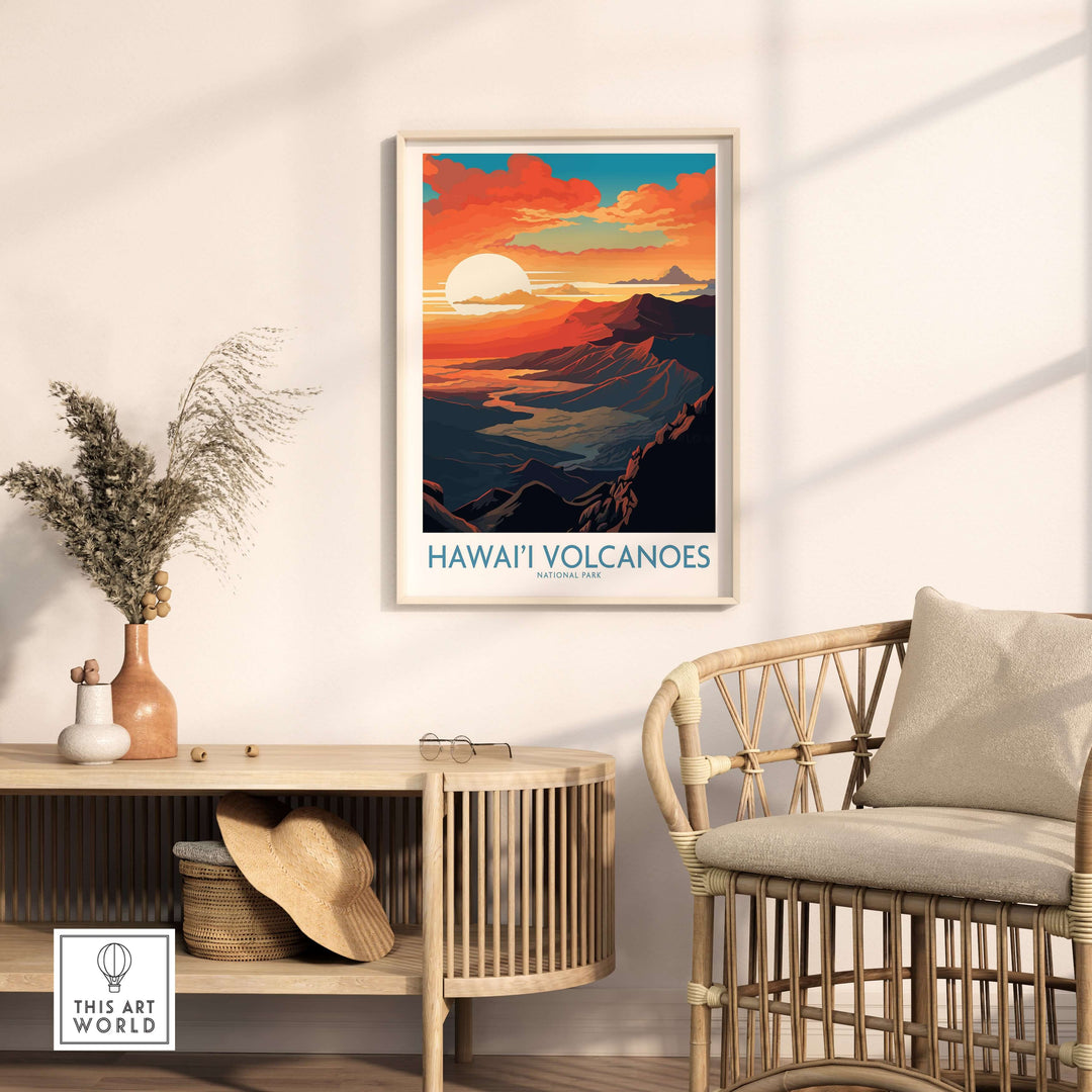 Hawaiʻi Volcanoes National Park poster displayed on wall with dramatic sunset and mountain landscape, ideal wall decor.