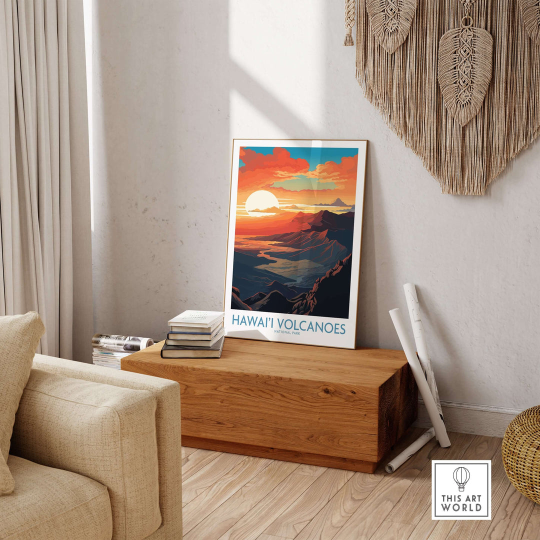 Hawaiʻi Volcanoes poster showcasing a stunning sunset over volcanic peaks, ideal for mountain-themed wall decor.