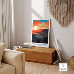 Hawaiʻi Volcanoes Poster, National Park Print, Mountain Wall Decor displayed in a cozy living room setting.