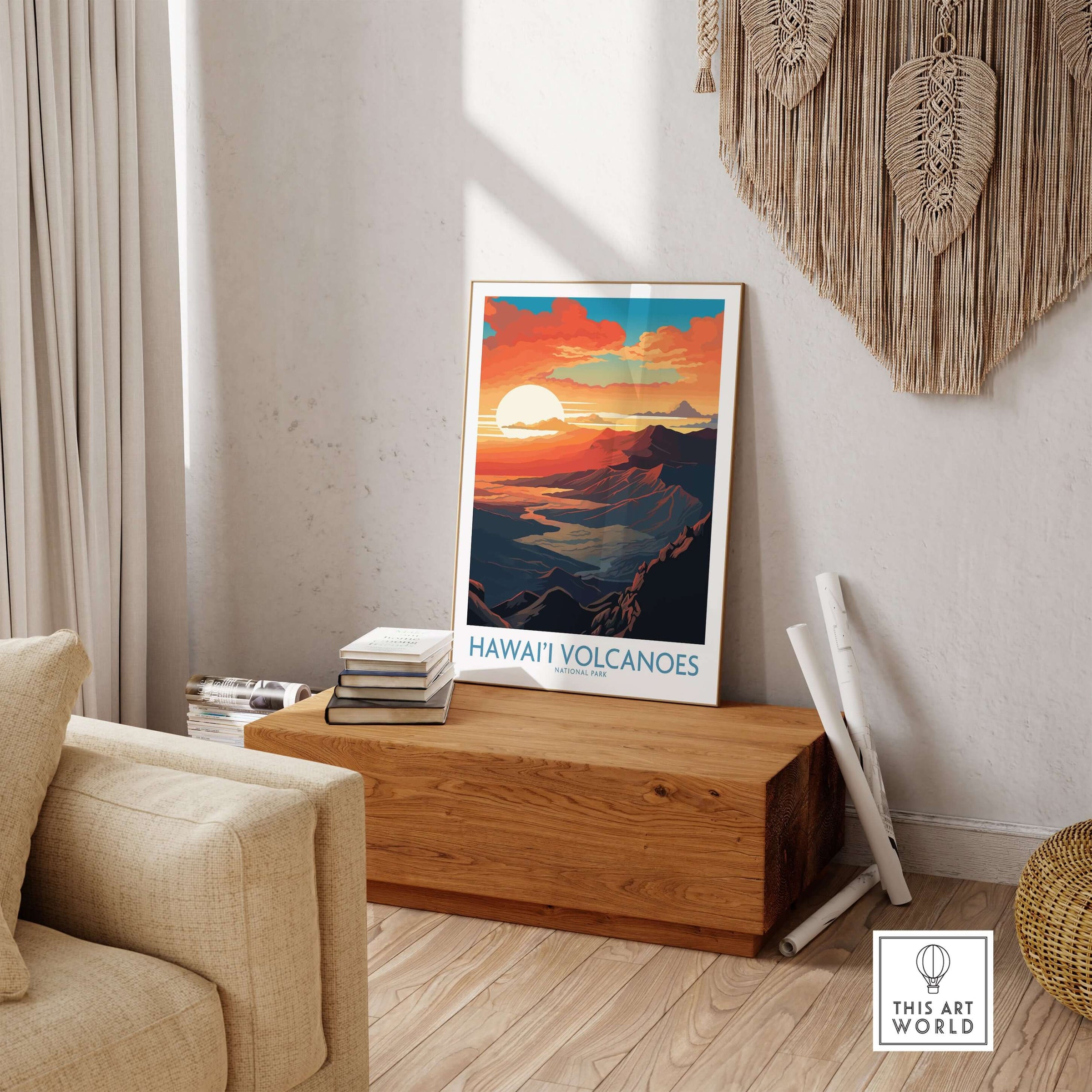 Hawaiʻi Volcanoes Poster, National Park Print, Mountain Wall Decor displayed in a cozy living room setting.