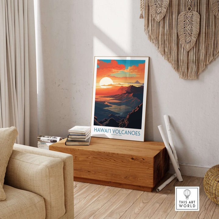 Hawaiʻi Volcanoes poster showcasing a stunning sunset over volcanic peaks, ideal for mountain-themed wall decor.