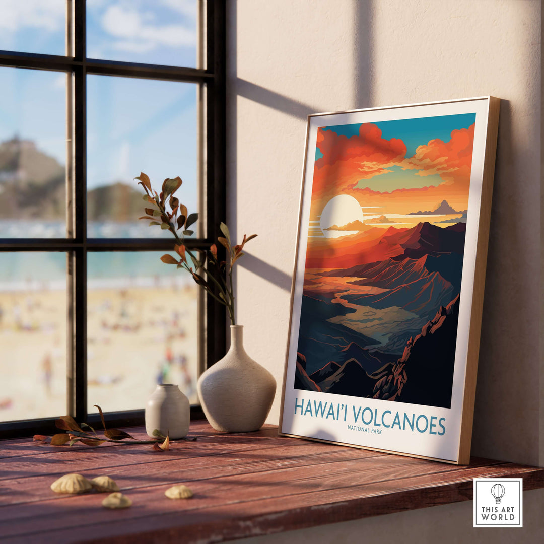 Hawaiʻi Volcanoes National Park poster decor showcasing vibrant volcanic peaks and sunset from a windowsill.