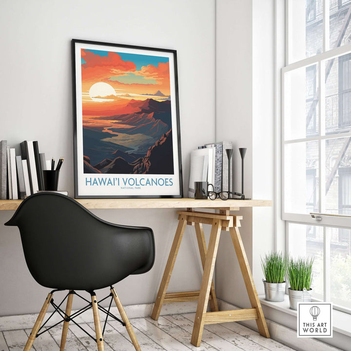Hawaiʻi Volcanoes poster framed on a wall, showcasing vibrant mountain scenery in a stylish workspace.