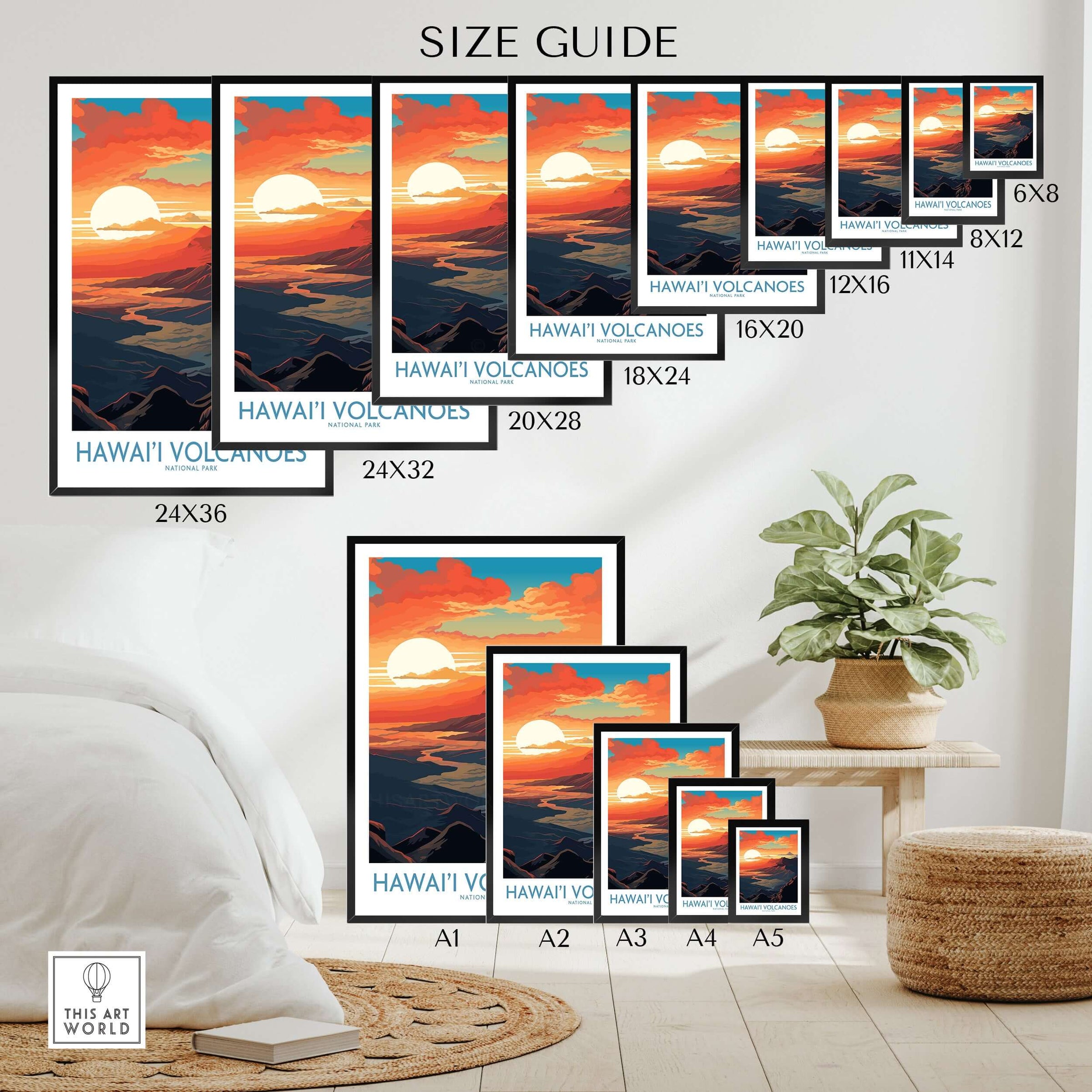 Hawaiʻi Volcanoes Poster, National Park Print, Mountain Wall Decor size guide with various dimensions displayed.