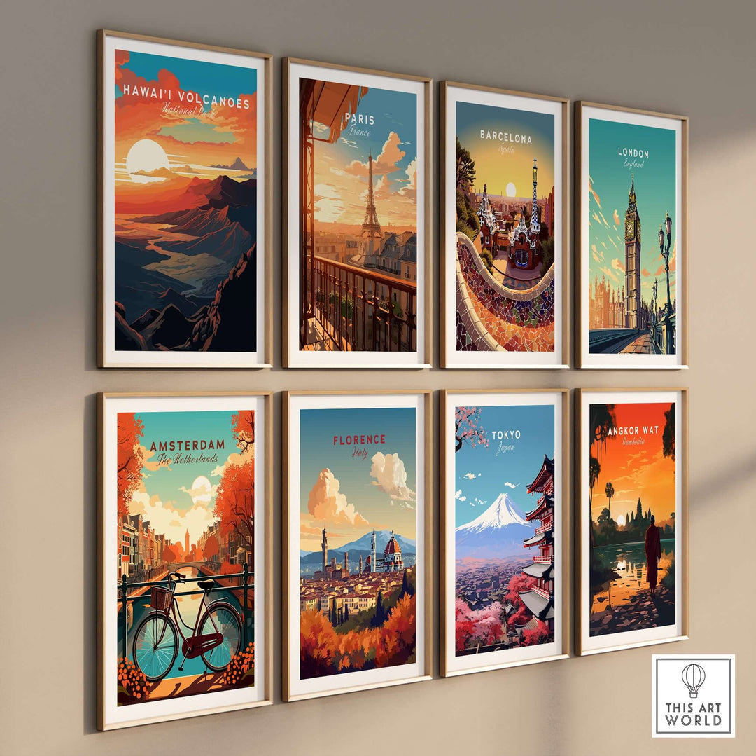 Gallery of travel posters including Hawaiʻi Volcanoes, Paris, Barcelona, London, and more, showcasing iconic global landmarks.