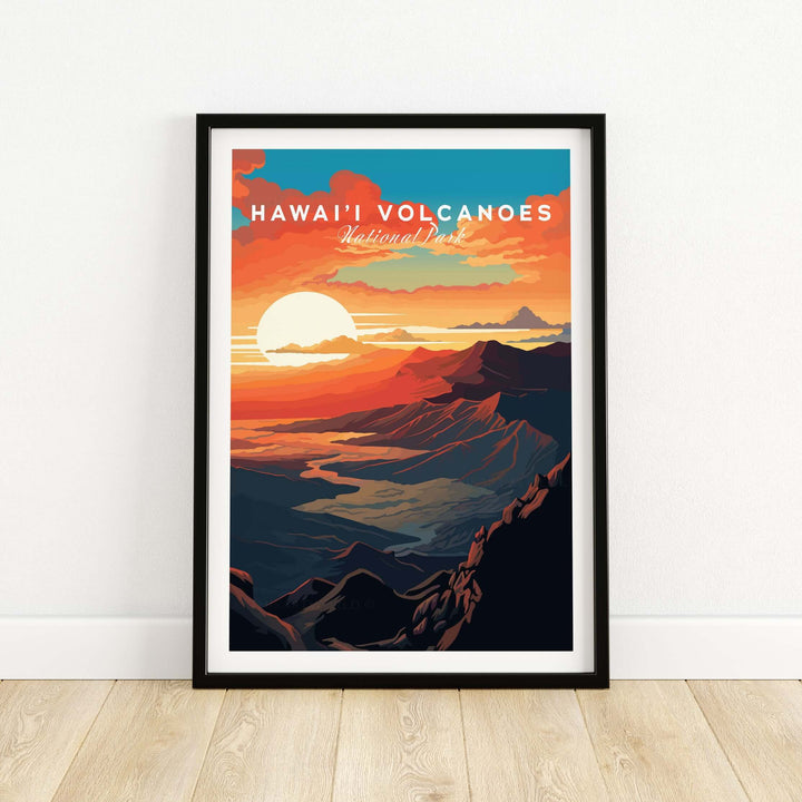 Hawaiʻi Volcanoes sunset poster featuring vibrant colors and scenic landscape, ideal for wall art and travel decor.