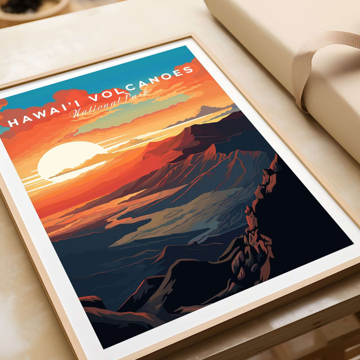 Hawaiʻi Volcanoes sunset poster showcasing vibrant colors of Big Island, Hawaii National Park wall art print.