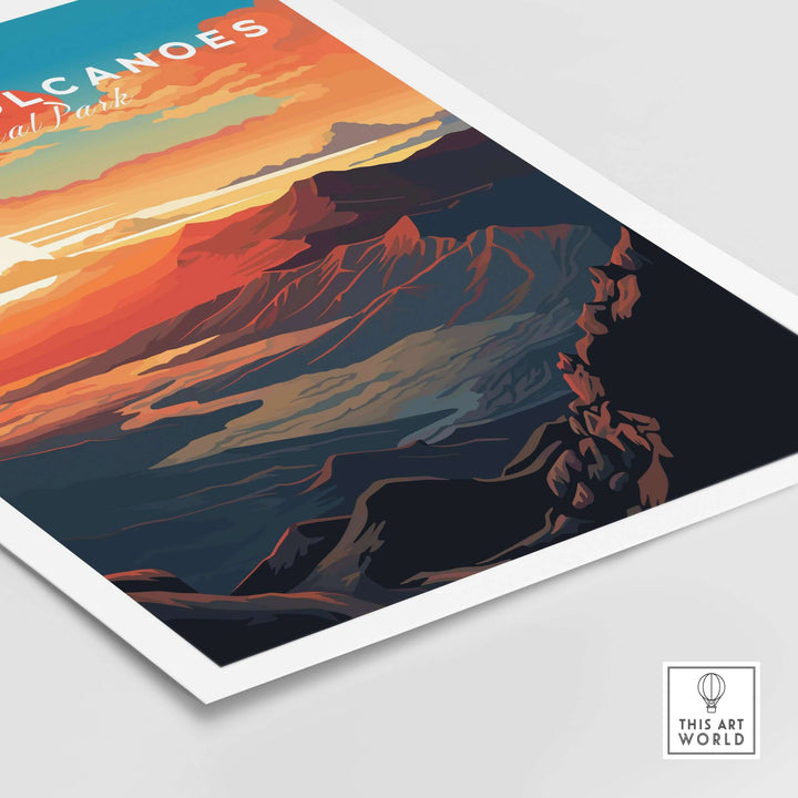 Hawaiʻi Volcanoes sunset poster showcasing vibrant colors of Big Island's National Park wall art.