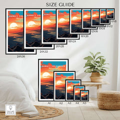Hawaiʻi Volcanoes Sunset Poster, Big Island Hawaii Wall Art, National Park Travel Print size guide layout.