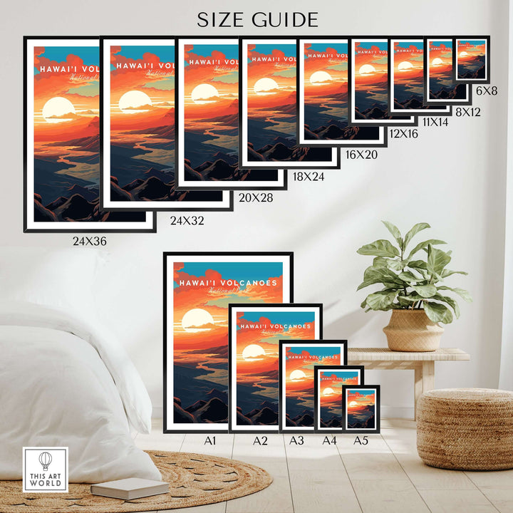 Size guide for Hawaiʻi Volcanoes sunset poster wall art in various frame sizes, ideal for home decor.