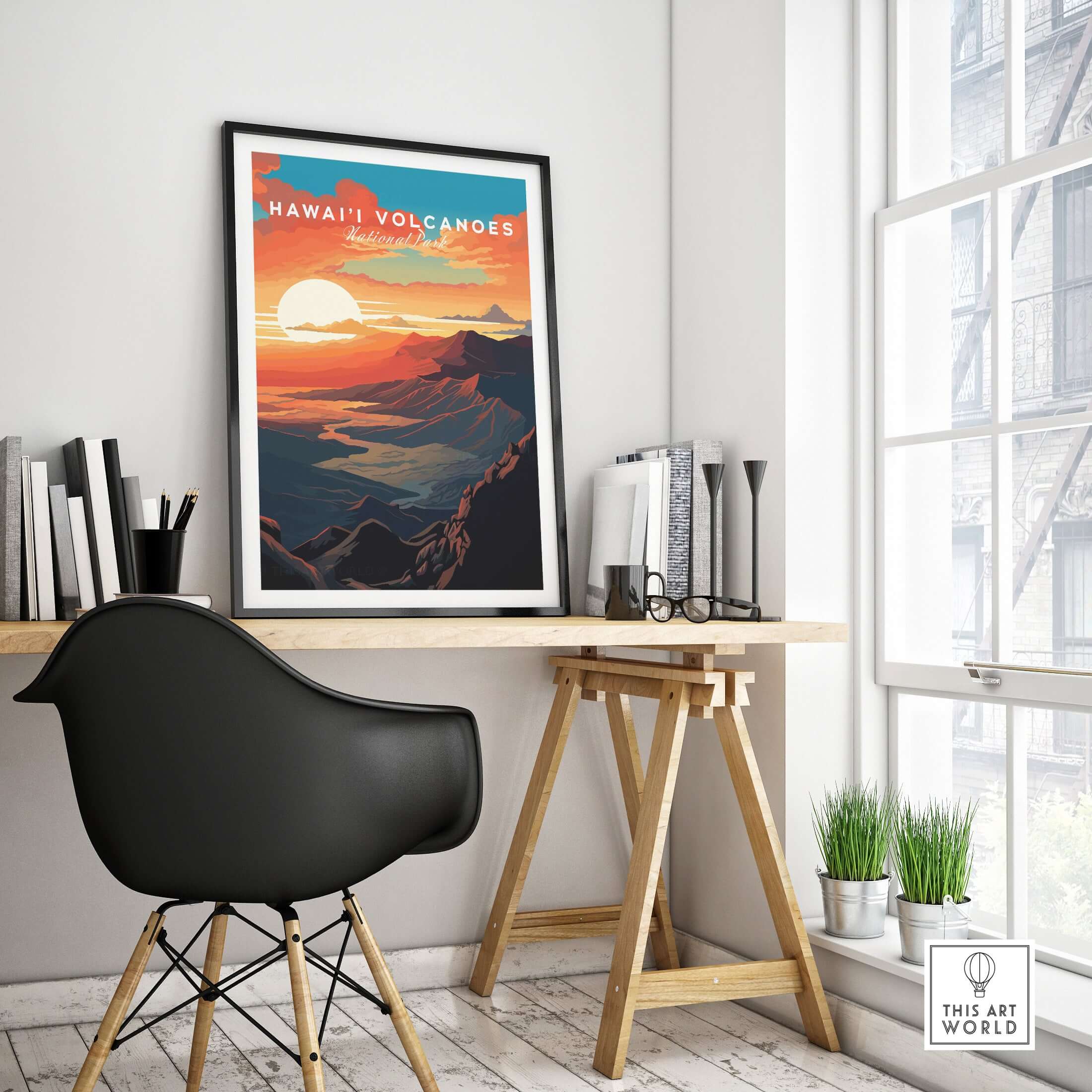 Hawaiʻi Volcanoes Sunset Poster, Big Island Hawaii Wall Art, National Park Travel Print displayed in a modern workspace.