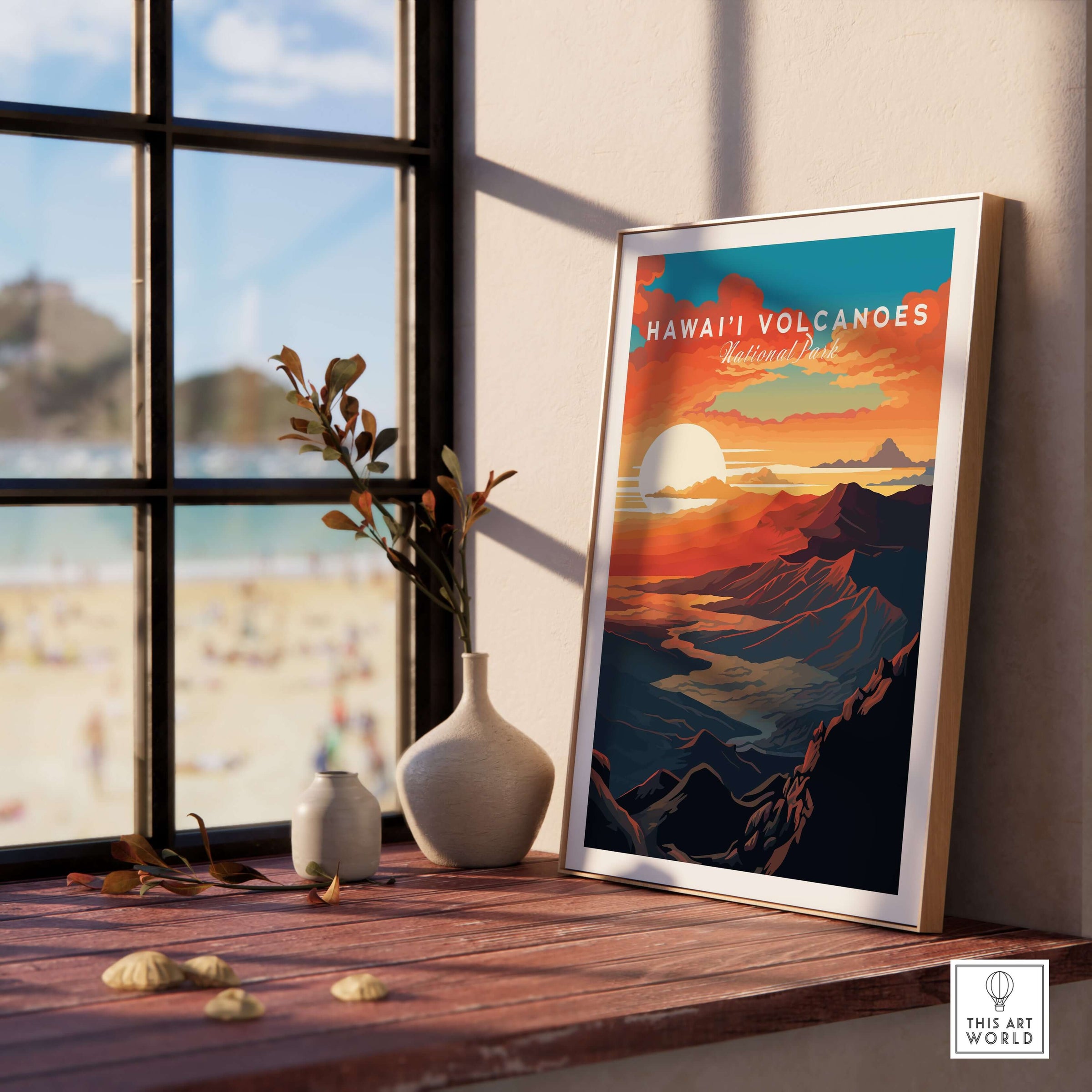 Hawaiʻi Volcanoes Sunset Poster, Big Island Hawaii Wall Art, National Park Travel Print displayed in a sunlit room.