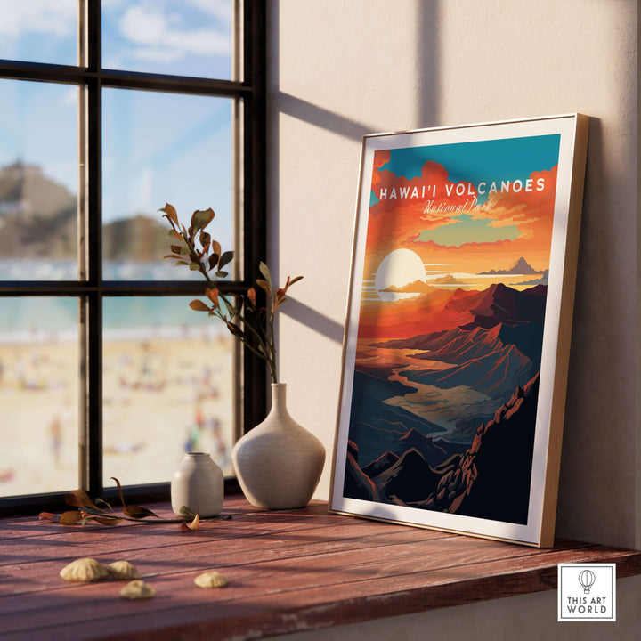 Hawaiʻi Volcanoes sunset poster displayed indoors, showcasing Big Island Hawaii wall art style.