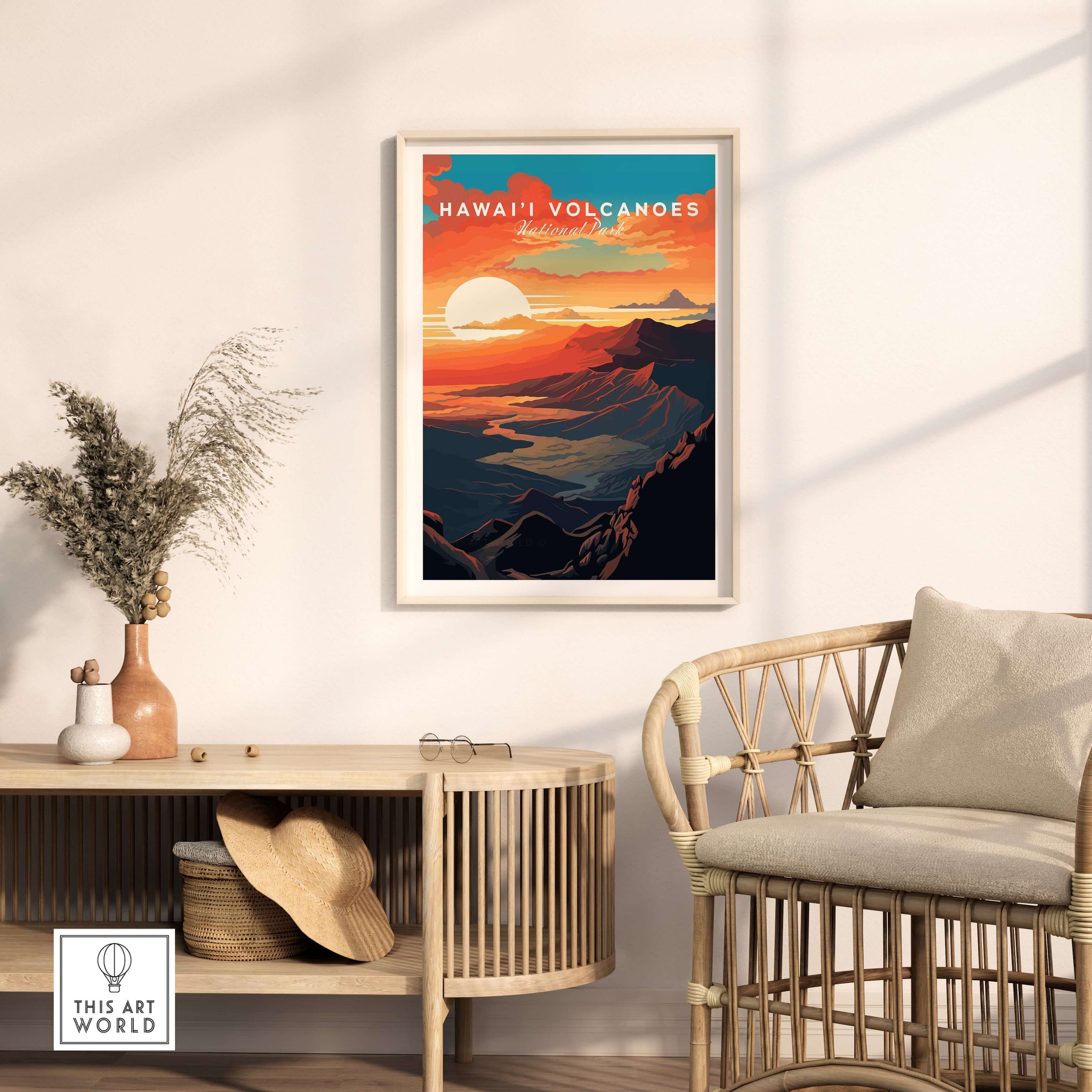 Hawaiʻi Volcanoes Sunset Poster, Big Island Hawaii Wall Art, National Park Travel Print displayed in a modern living room.
