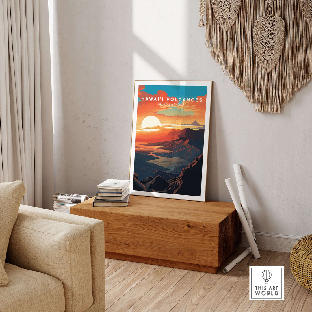 Hawaiʻi Volcanoes sunset poster displayed in a stylish living room, showcasing vibrant wall art of Big Island Hawaii.