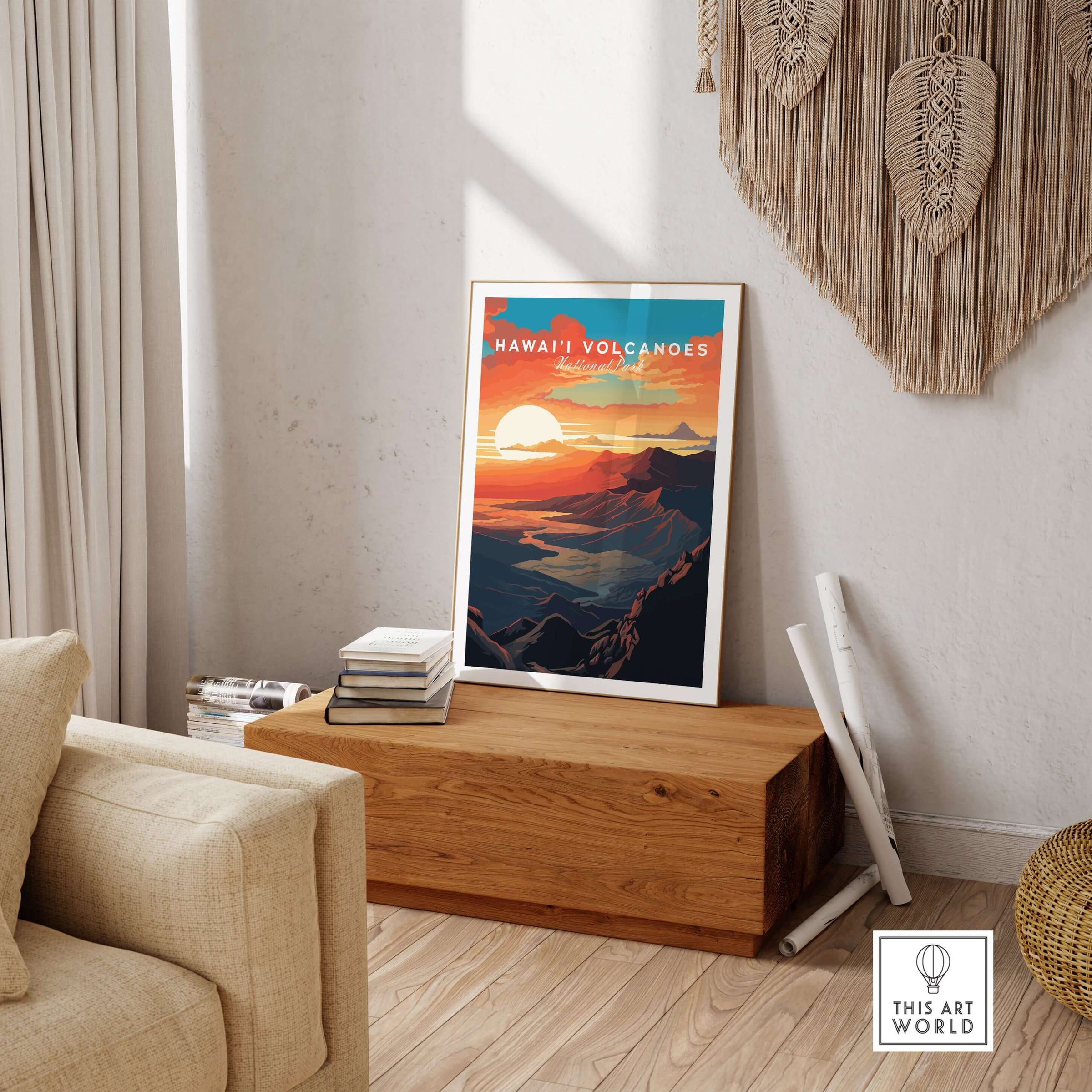 Hawaiʻi Volcanoes Sunset Poster, Big Island Hawaii Wall Art, National Park Travel Print displayed in a cozy living room setting.
