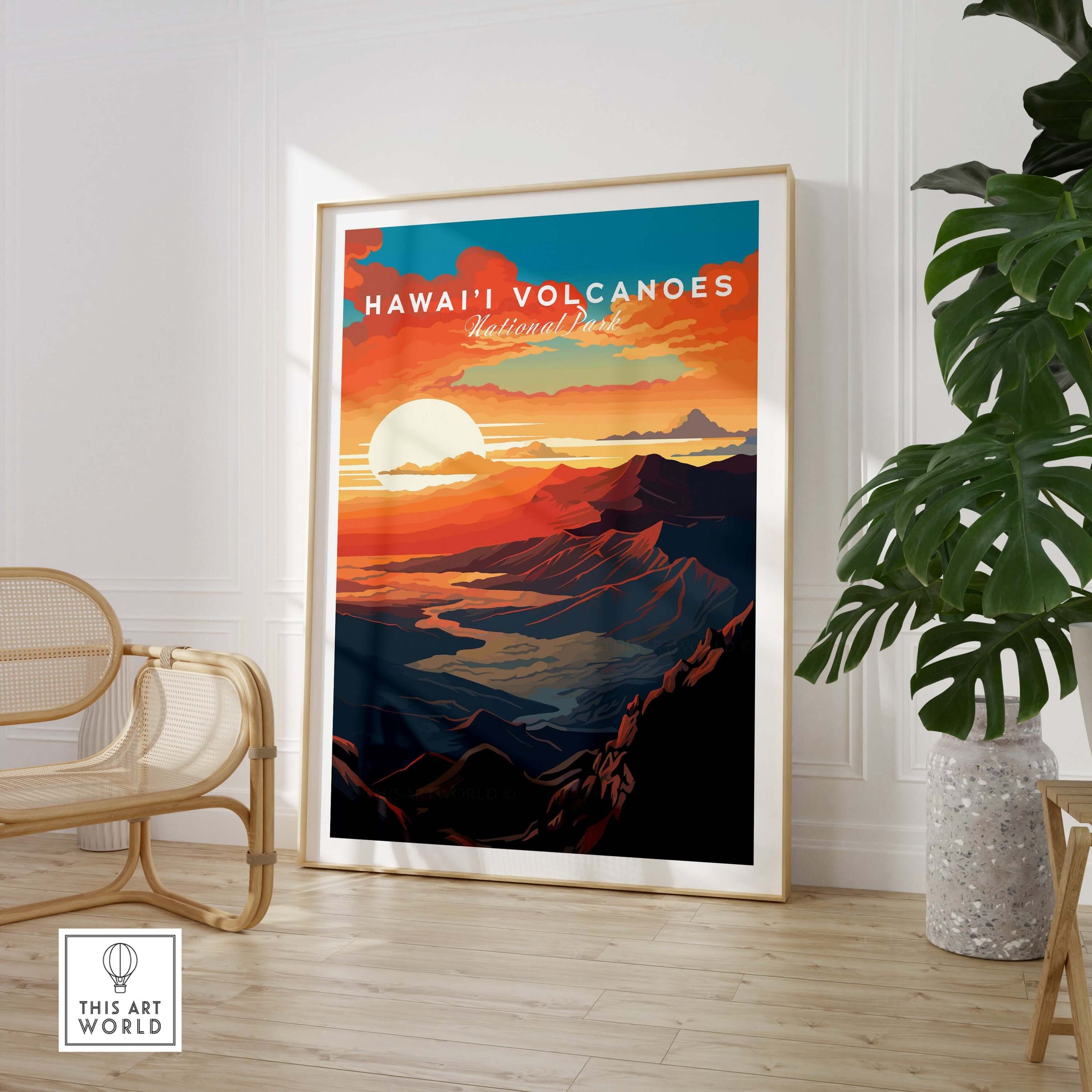 Hawaiʻi Volcanoes Sunset Poster, Big Island Hawaii Wall Art, National Park Travel Print displayed in a modern interior.