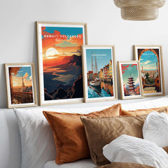 Hawaiʻi Volcanoes Sunset Poster, Big Island Hawaii Wall Art, National Park Travel Print displayed in a stylish home decor setting.