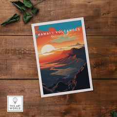 Hawaiʻi Volcanoes Sunset Poster, Big Island Hawaii Wall Art, National Park Travel Print displayed on wooden background.