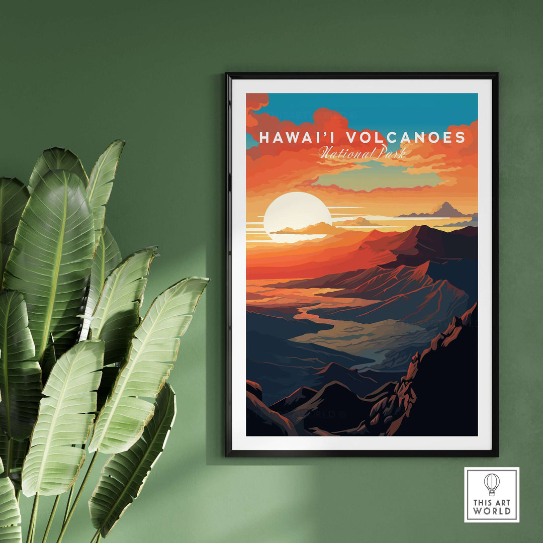 Hawaiʻi Volcanoes sunset poster showcasing vibrant colors, framed wall art of Big Island National Park.