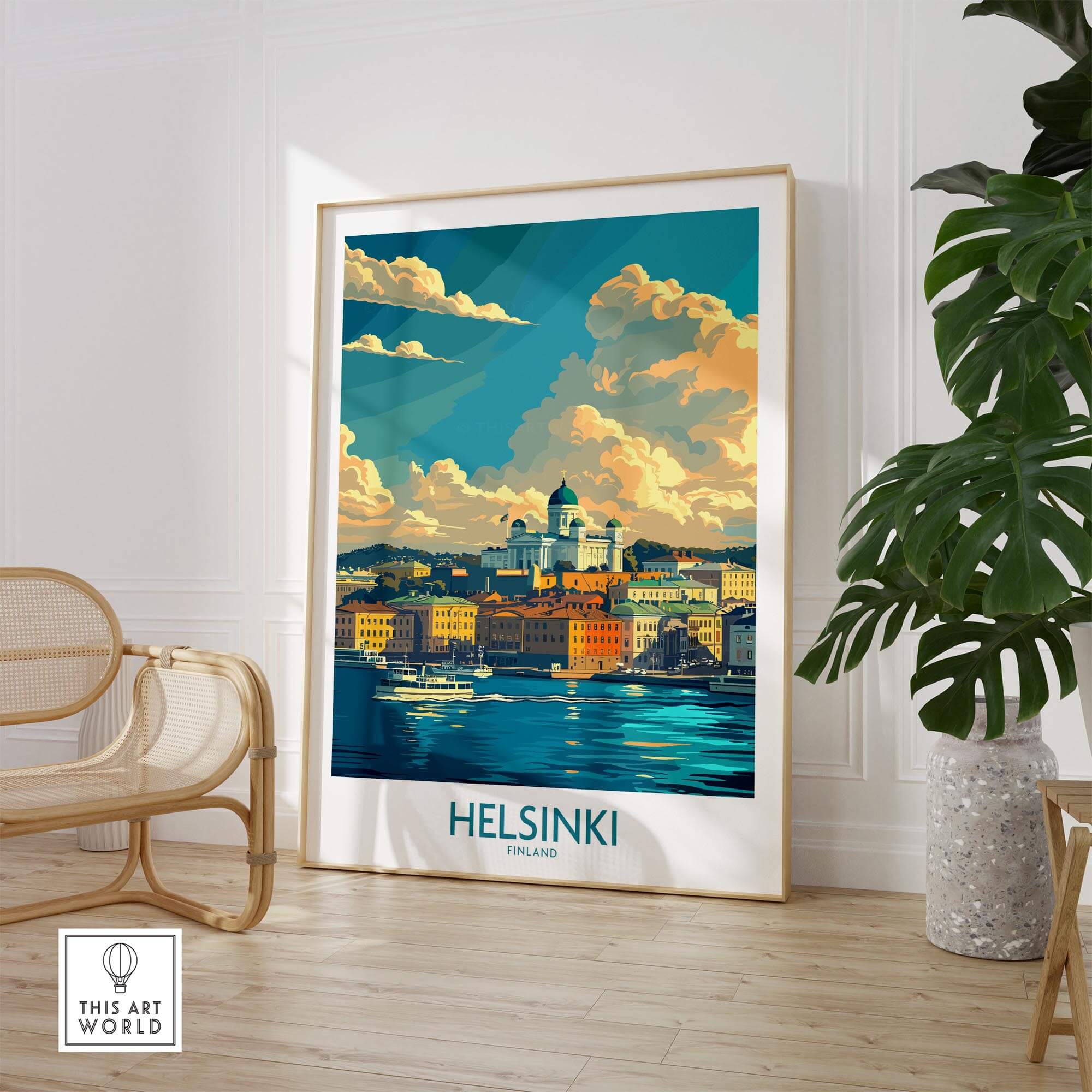 Helsinki Travel Poster - Finland showcasing a vibrant cityscape of Helsinki with colorful clouds and water.