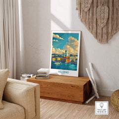 Helsinki Travel Poster - Finland displayed in a stylish living room setting, showcasing the beauty of Helsinki.
