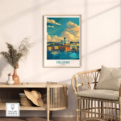 Helsinki Travel Poster - Finland displayed in a stylish room, featuring vibrant colors of Helsinki's skyline over water.