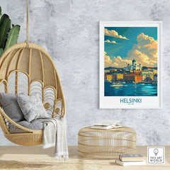 Helsinki Travel Poster - Finland displayed in a stylish interior with a hanging chair and cozy decor.
