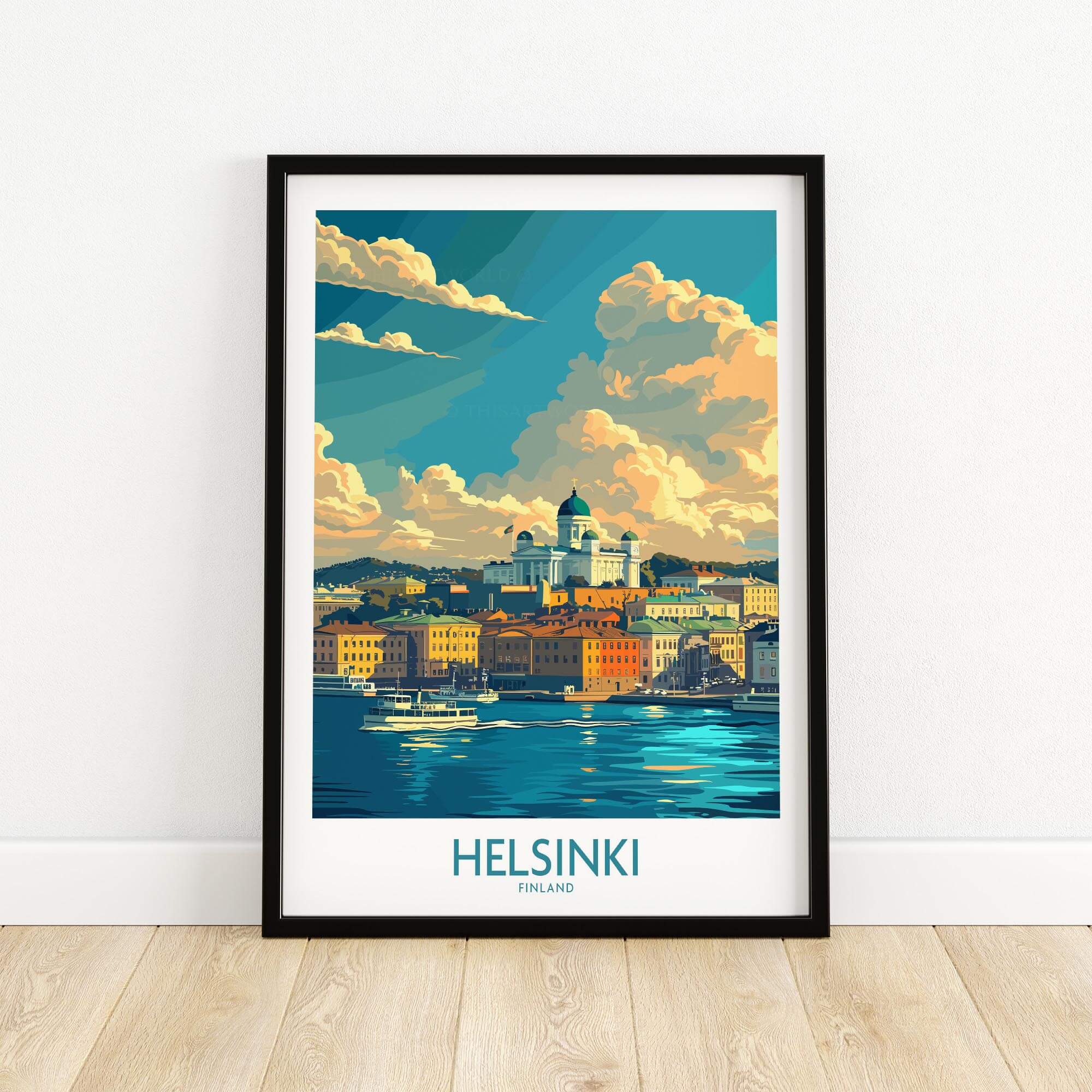 Helsinki Travel Poster - Finland featuring vibrant skyline and stunning clouds, perfect for home decor.