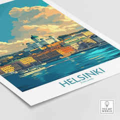 Helsinki Travel Poster - Finland showcasing vibrant city imagery and stunning waterfront views.