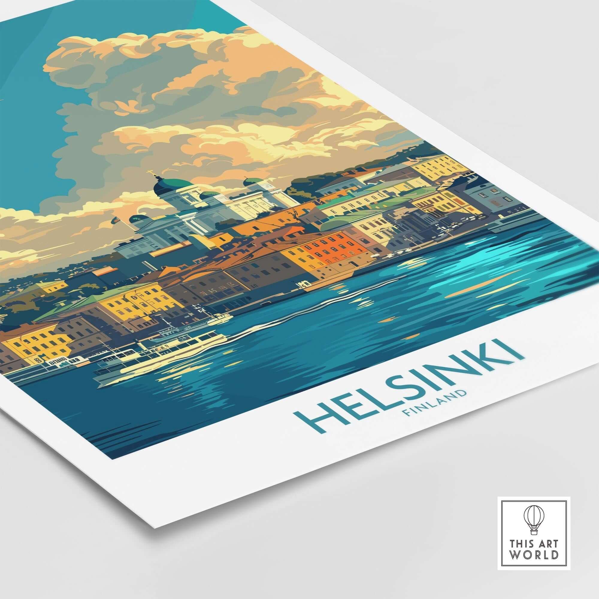 Helsinki Travel Poster - Finland showcasing vibrant city imagery and stunning waterfront views.