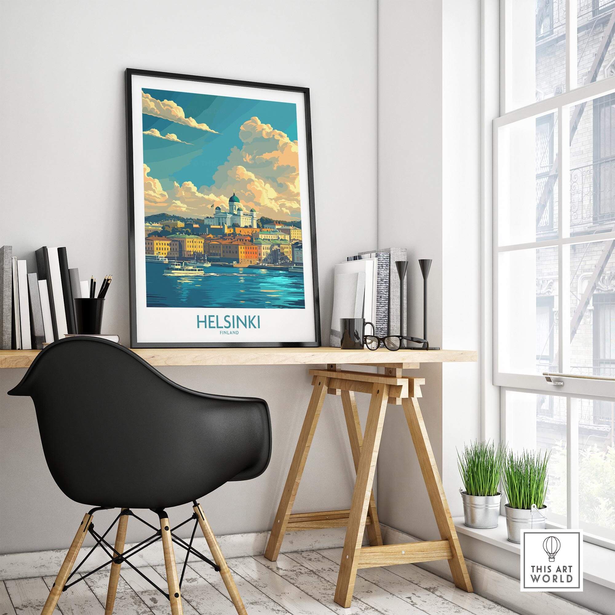 Helsinki Travel Poster - Finland displayed in a stylish room featuring a desk and contemporary decor.