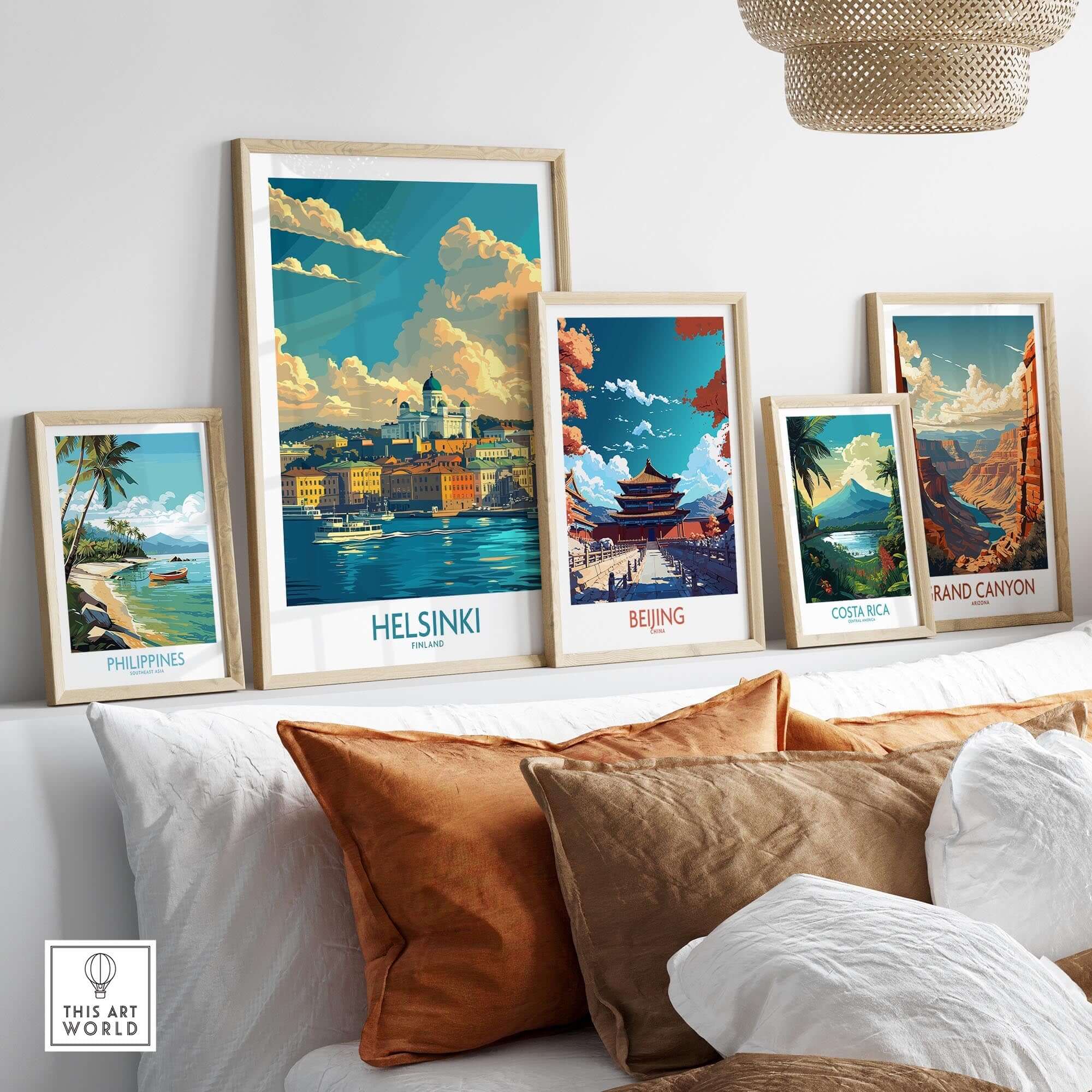 Helsinki Travel Poster - Finland showcased among other travel posters in a stylish home setting.